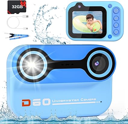 10FT Underwater Camera for Kids, Kids Waterproof Camera, 1080P Video Cam for Snorkeling, Christmas Birthday Gifts Pool Toys for Boys Girls Ages 4-12, Toddler Action Cam with 32GB Card